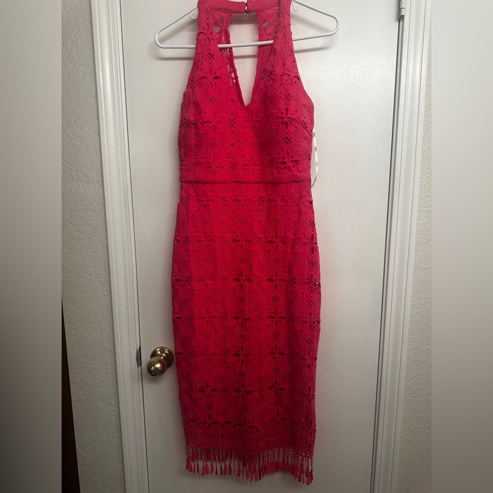 Siena Studio Fuchsia Embroidered Lace Midi Dress with Fringe